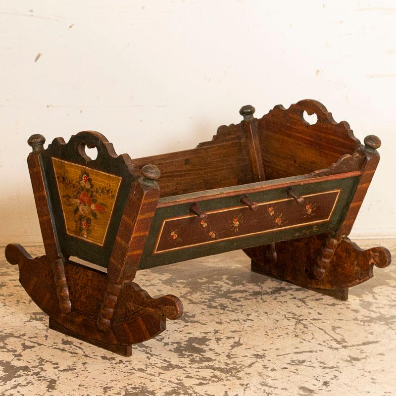 Antique Original Painted Baby Cradle With Sacred Heart and IHS Christogram