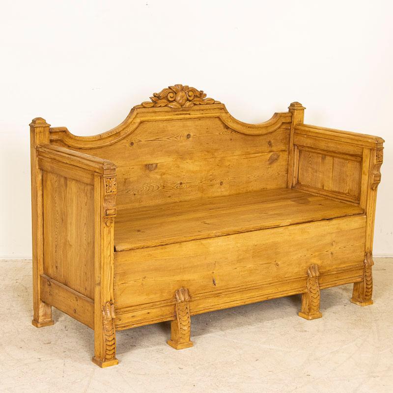Antique Carved Pine Storage Bench from Sweden