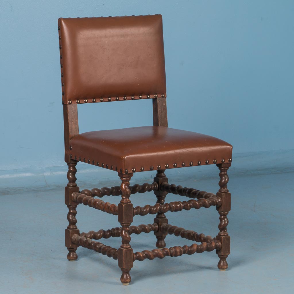 Set of Six 19th Century Antique Barley Twist Dining Chairs with Original Leather