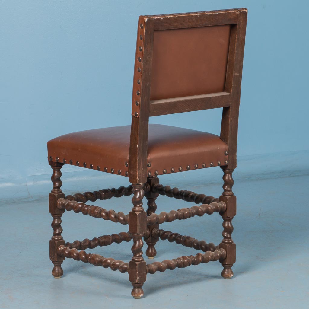 Set of Six 19th Century Antique Barley Twist Dining Chairs with Original Leather
