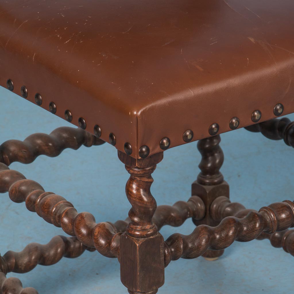 Set of Six 19th Century Antique Barley Twist Dining Chairs with Original Leather