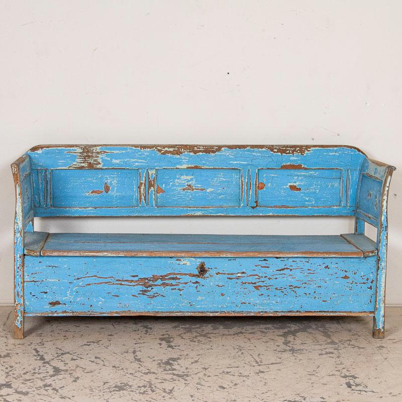Antique Original Blue Painted Bench with Storage