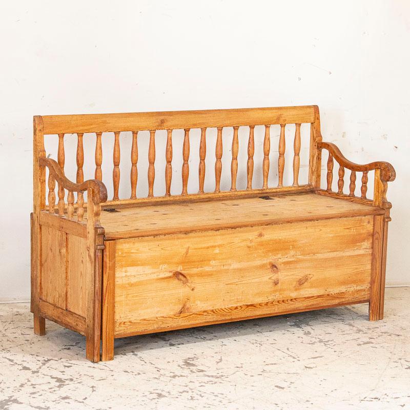 Antique Pine Bench With Spindle Back and Storage