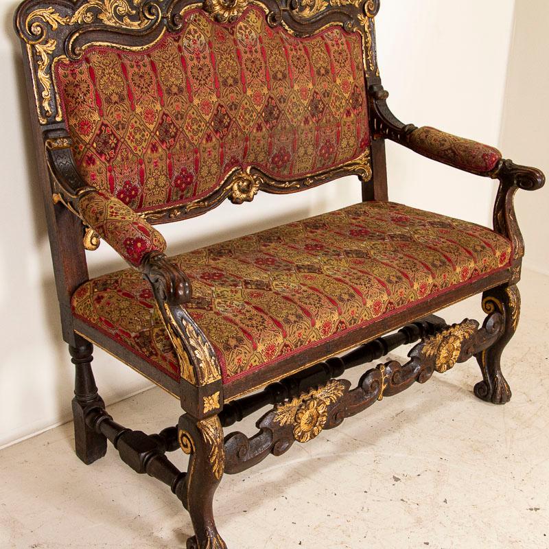 Antique Carved Oak Bench Loveseat With Painted Gold Gilt Highlights