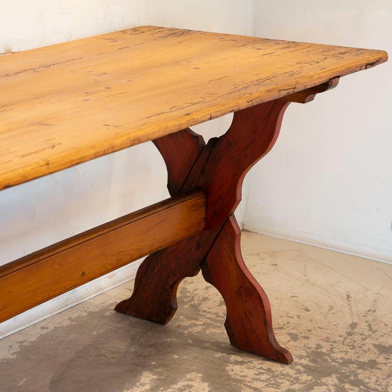 Antique Pine Farm Trestle Dining Table With Red "X" Stretcher Base