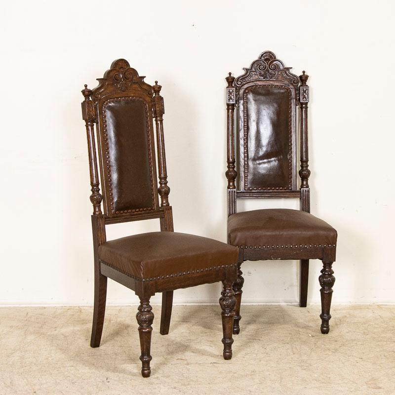 Antique Set of 12 High Back Oak Brown Leather Dining Chairs With Carved