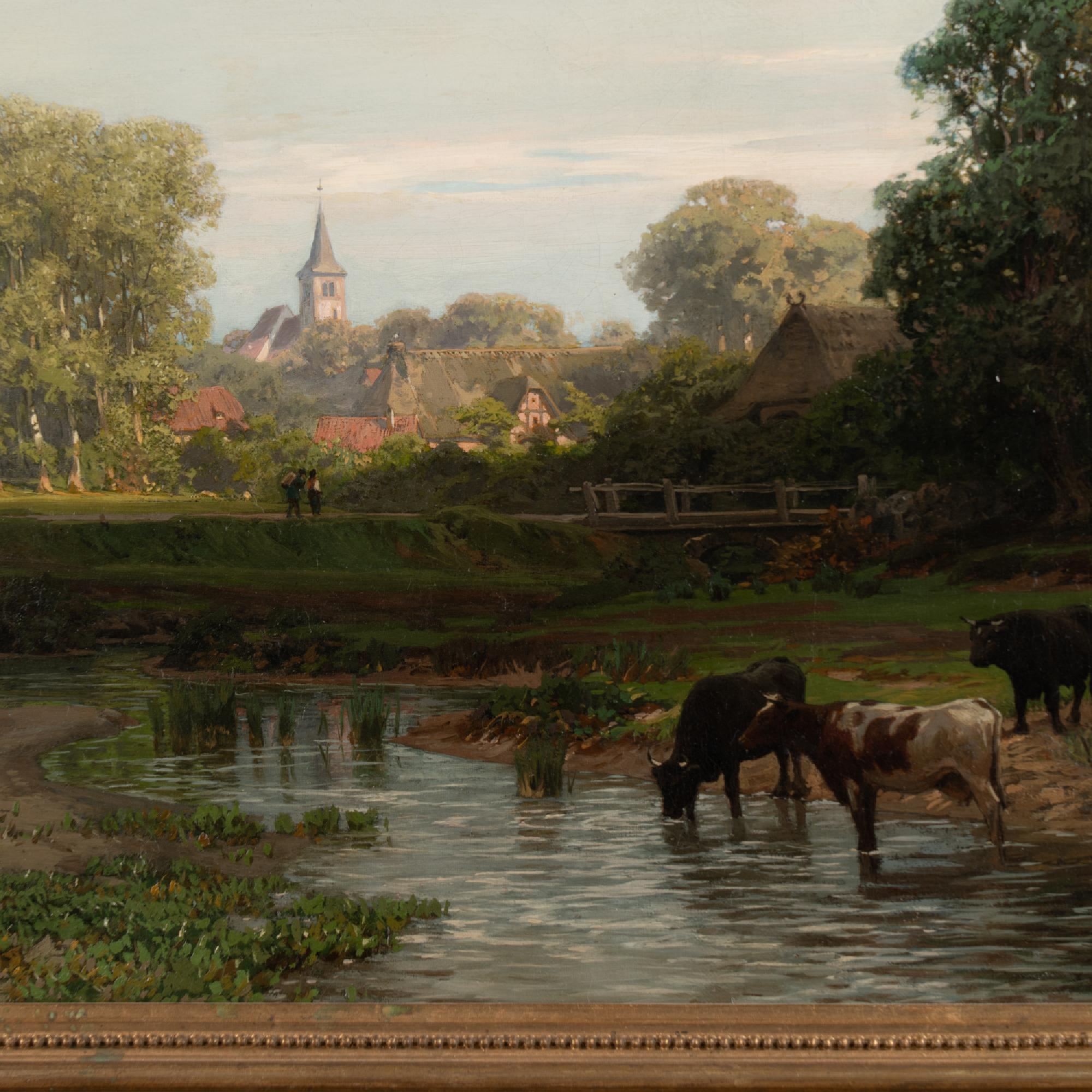Oil on Canvas Painting of Cows by Stream, dated 1895 signed Alfred Metzener