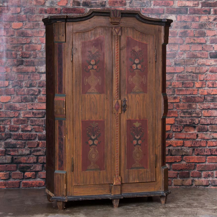 Red Painted Panels And Flowers Dated 1832, Double Door Armoire